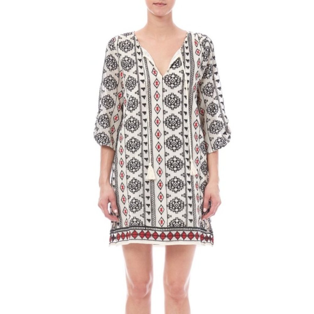 Tolani White Tunic Dress with Black and Red Geometric Print